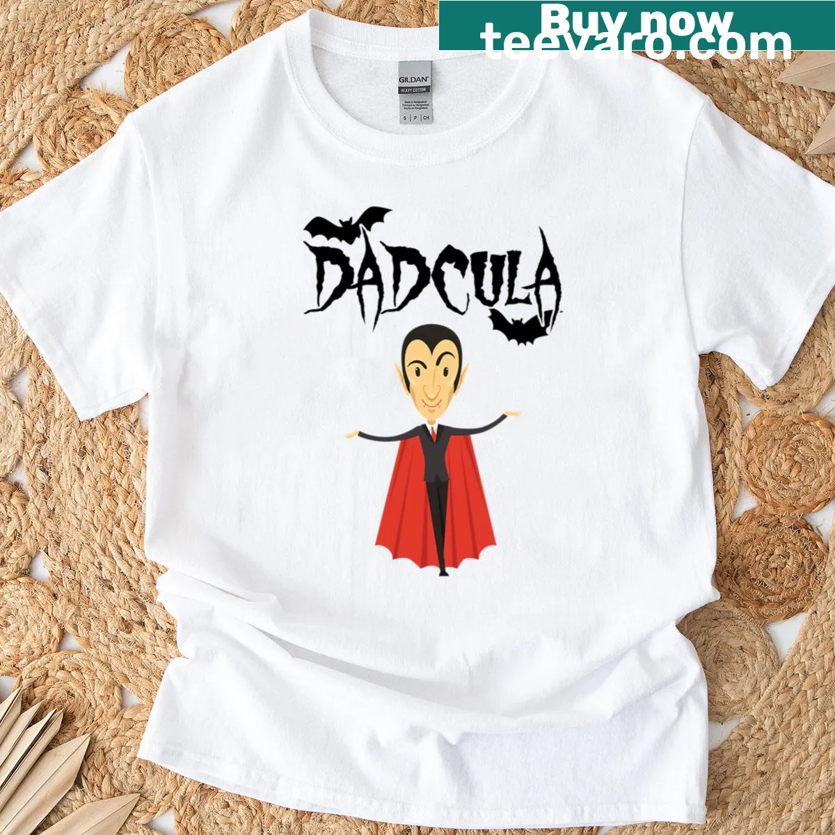 Humorous illustration of 'Dadcula' vampire character on a T-shirt — on a men's t-shirt