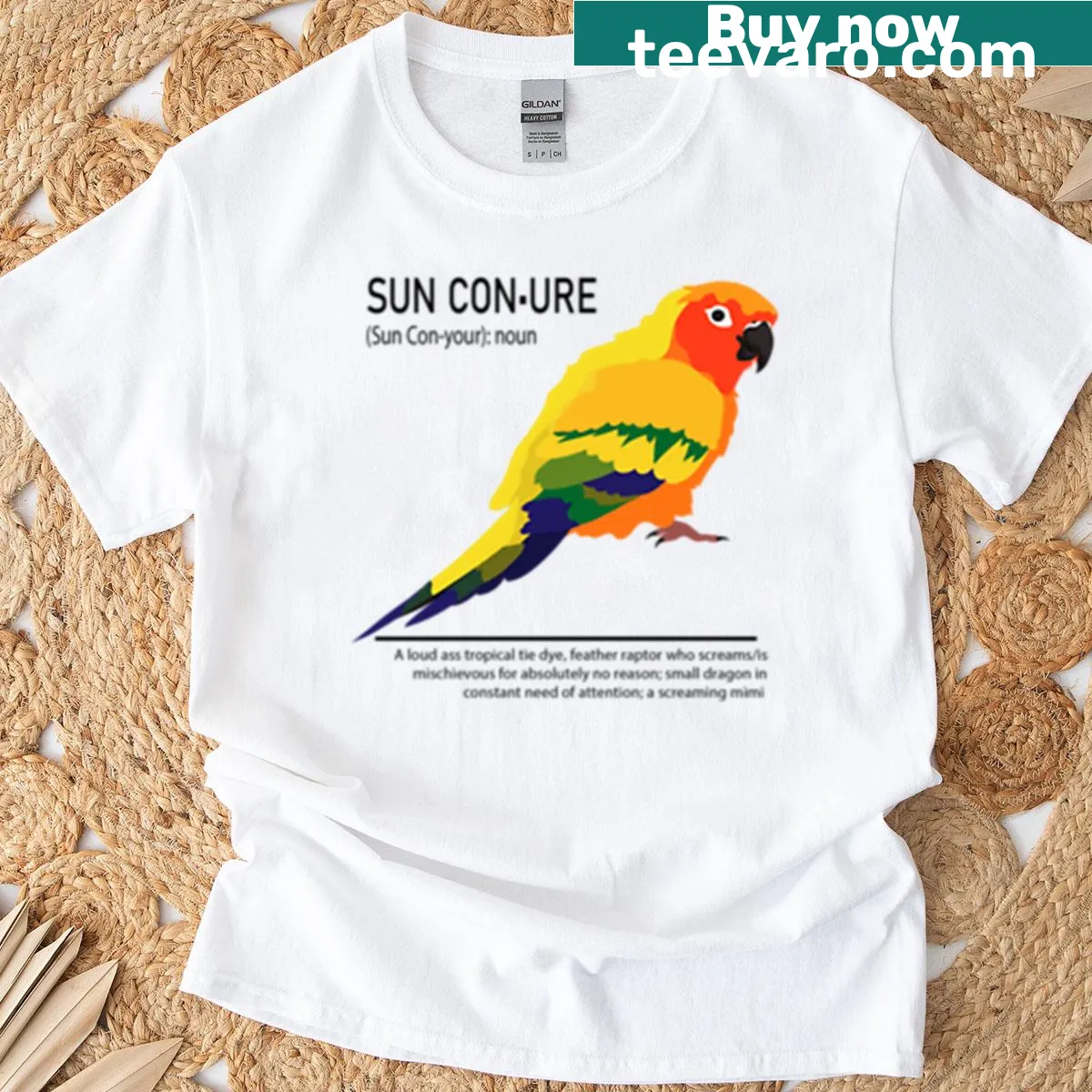 Illustrative t-shirt featuring a definition of a Sun Conure bird — on a men's t-shirt