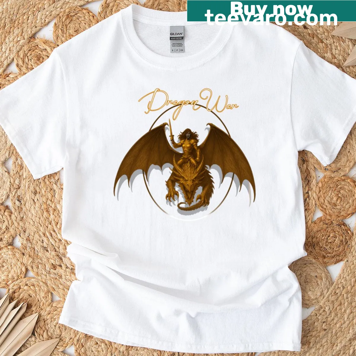 Illustrated t-shirt featuring battling dragons in a fantasy scene — on a men's t-shirt