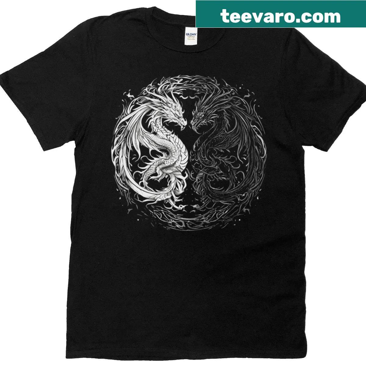 Illustrated Dragon Yin Yang t-shirt showcasing two intertwining dragons — on a men's t-shirt