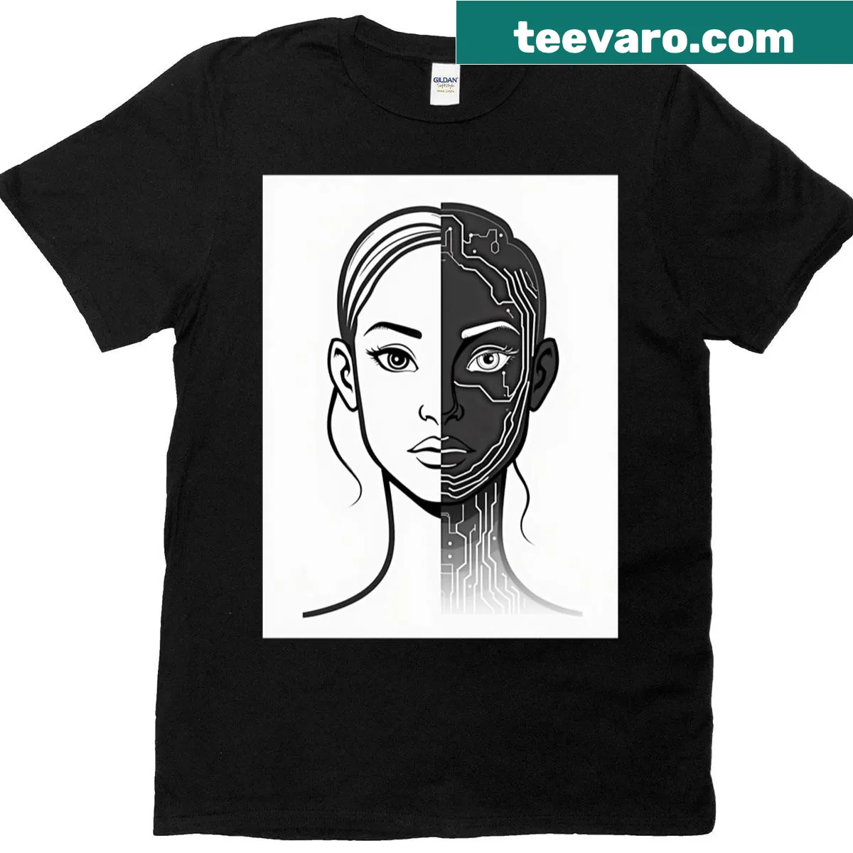 Minimalist illustration of a human-circuit face on a T-shirt — on a men's t-shirt