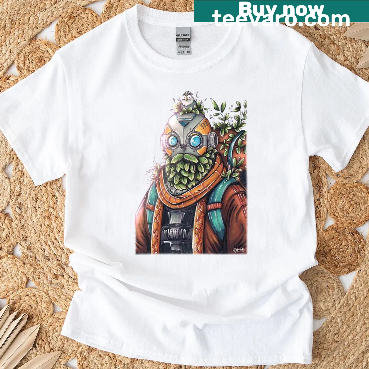Whimsical Eldermoss robot wanderer illustration t-shirt — on a men's t-shirt