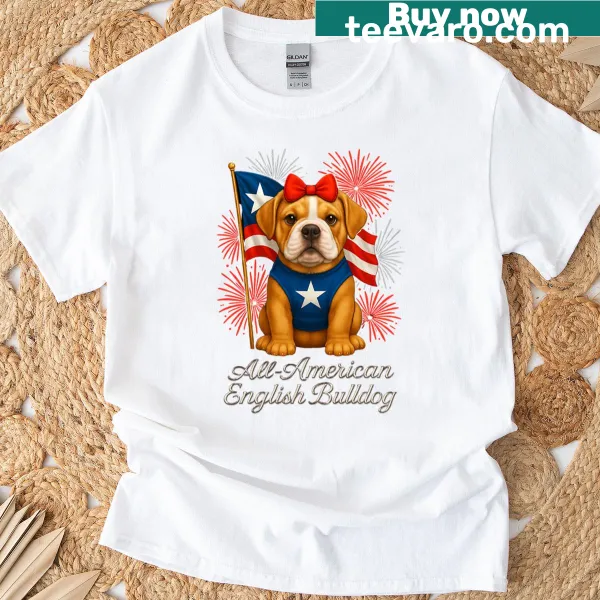 Patriotic English Bulldog t-shirt with fireworks illustration