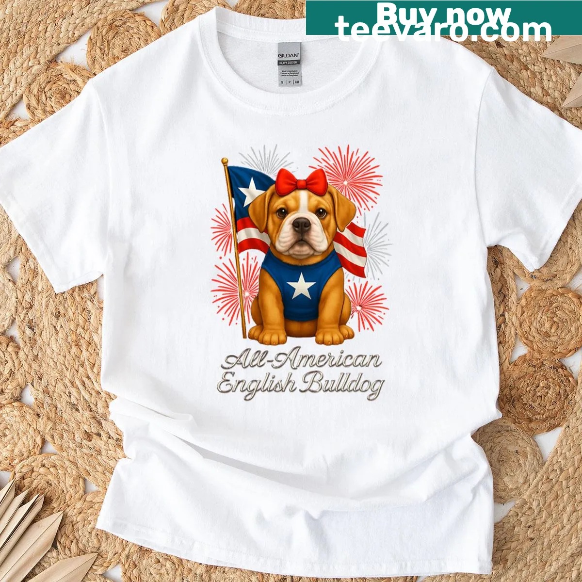 Patriotic English Bulldog t-shirt with fireworks illustration — on a men's t-shirt