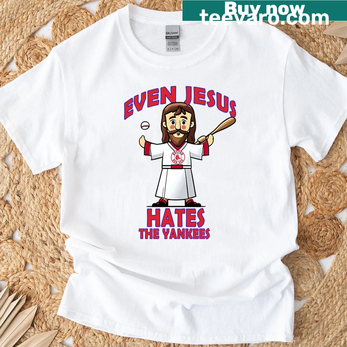 Sarcastic t-shirt with the phrase 'Even Jesus Hate The Yankees' for Boston Red Sox fans. — on a men's t-shirt
