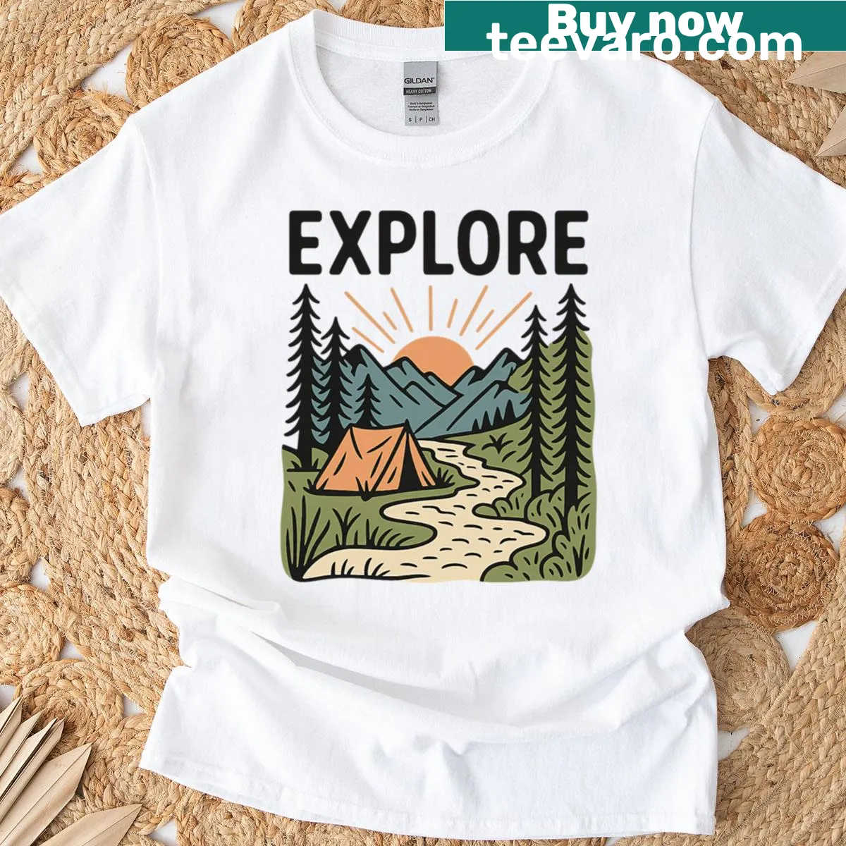 Retro t-shirt featuring a camping design with nature elements. — on a men's t-shirt