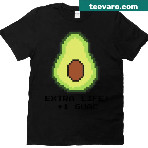 Retro-style t-shirt with 8-bit pixel avocado and 'Extra Life 1 Guac' text
