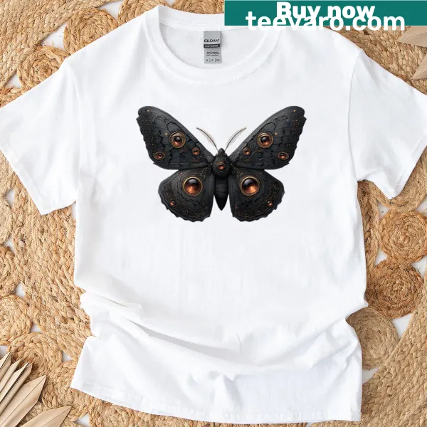 Surreal eyed moth design T-shirt with intricate wing details