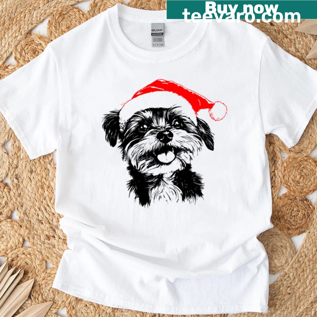 Festive T-shirt featuring a joyful Yorkie illustration — on a men's t-shirt