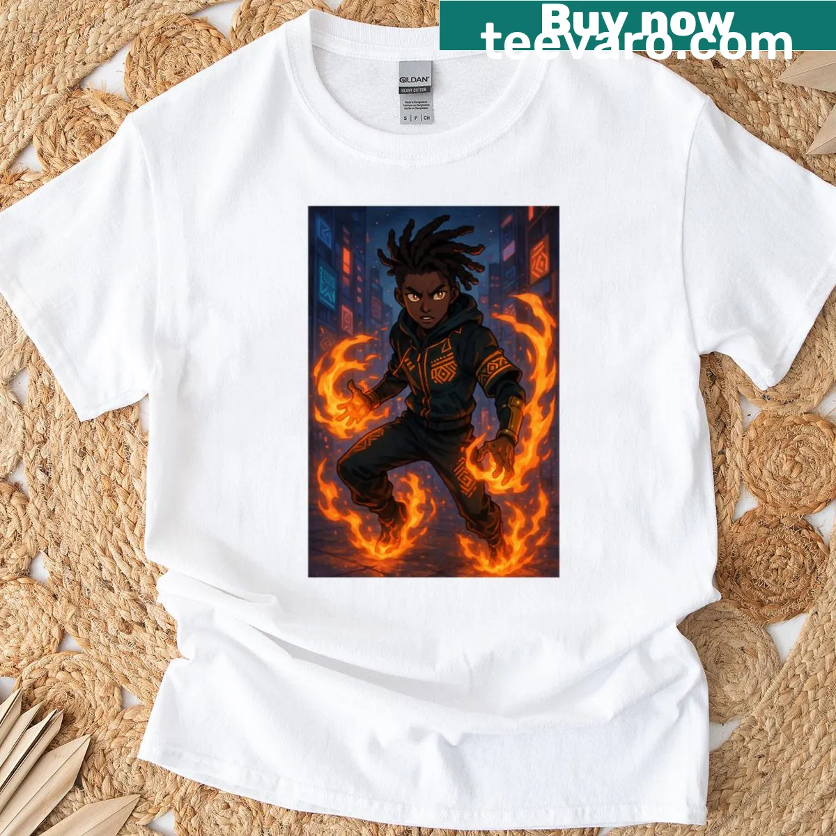 Illustrative design of firebending for the Flameborn Legacy T-shirt — on a men's t-shirt