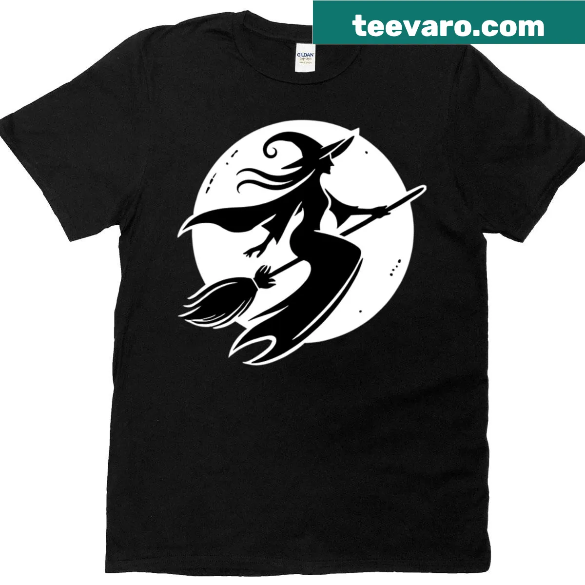 Silhouette of a flying witch design for Halloween — on a men's t-shirt