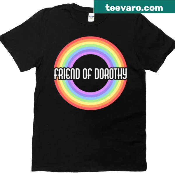Friend Of Dorothy emblem on a pastel t-shirt.