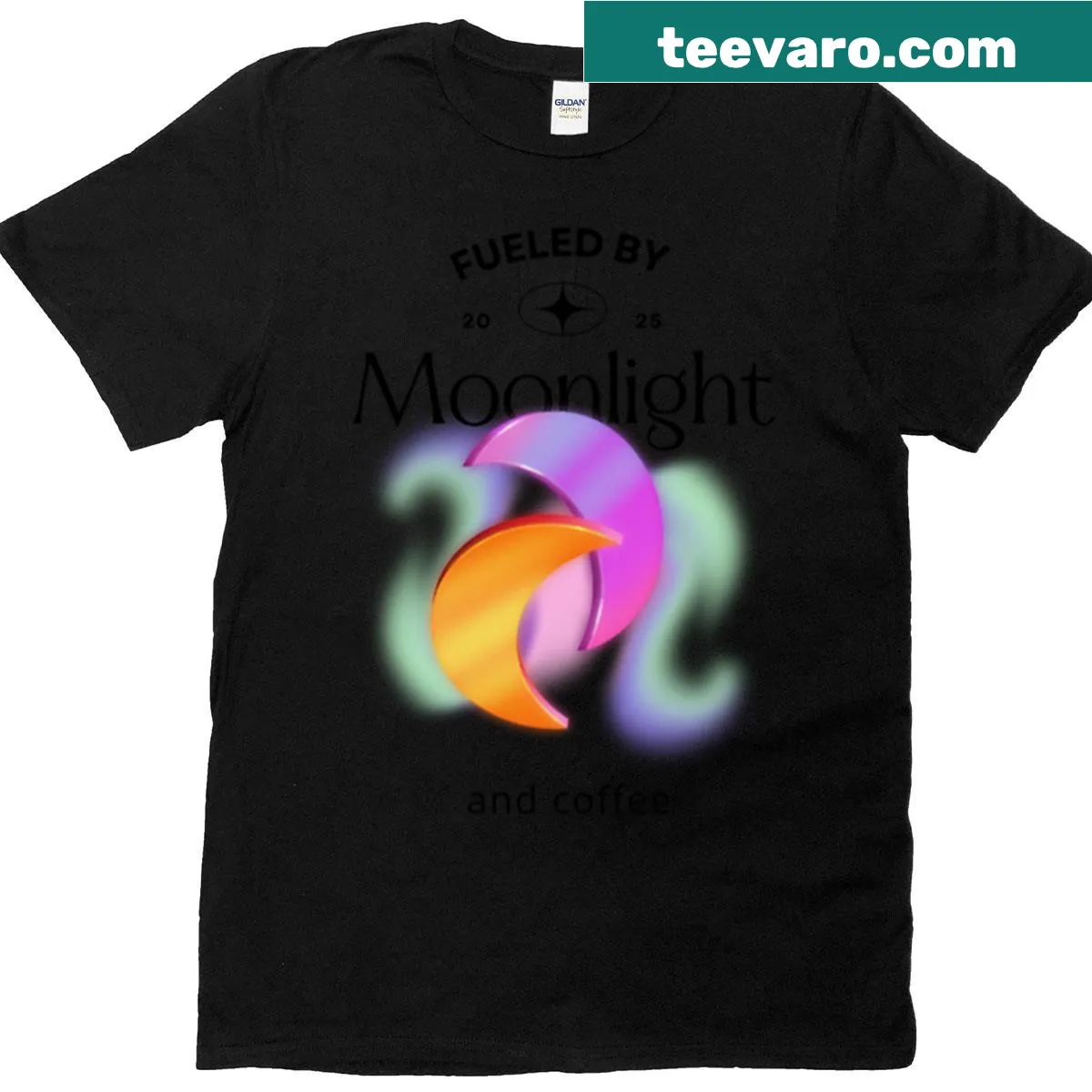Graphic tee with a witch enjoying coffee under the moonlight for night owls — on a men's t-shirt