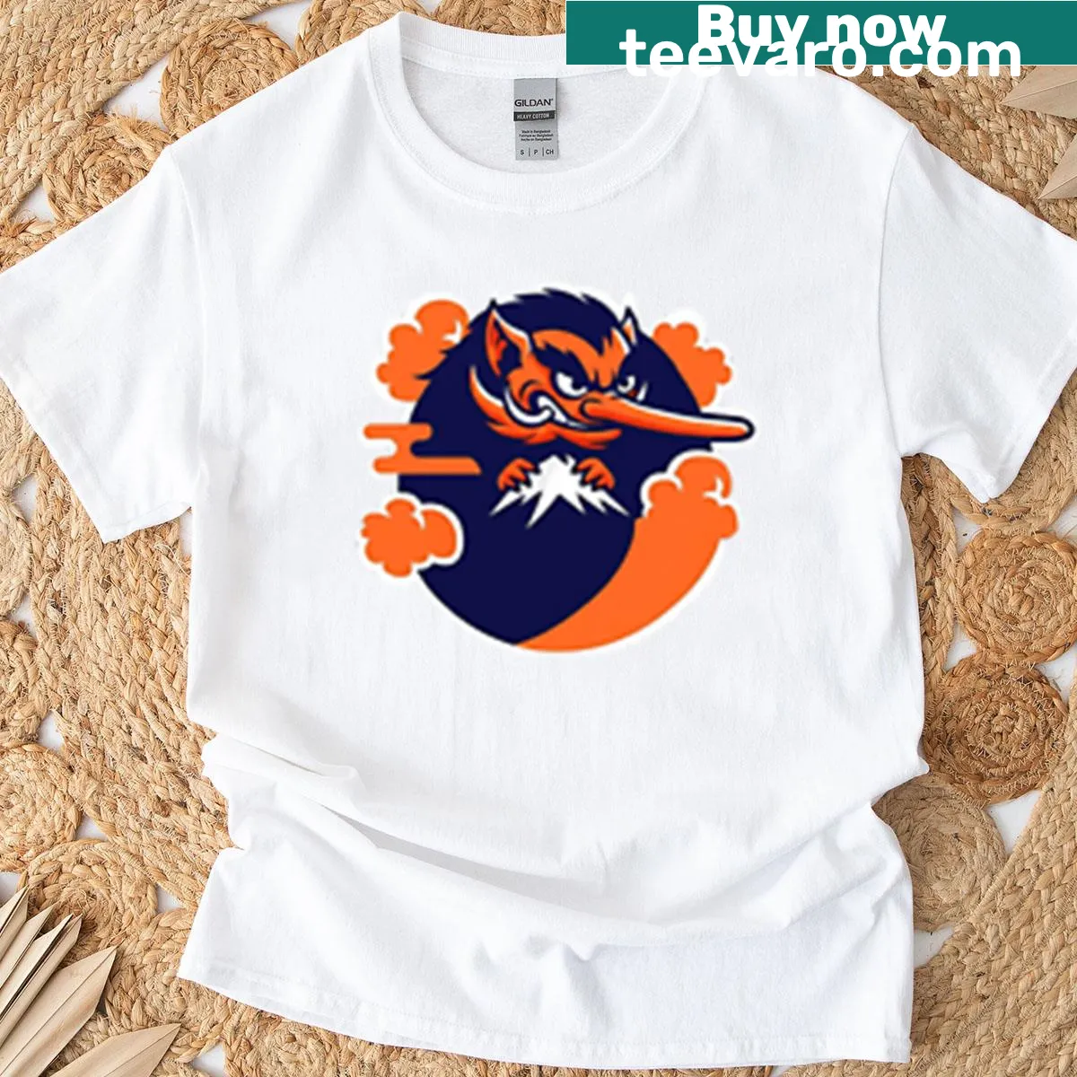 Striking design of a Fuji Demon with Mount Fuji backdrop on a t-shirt — on a men's t-shirt