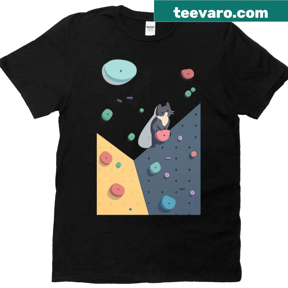 T-shirt featuring a funny tuxedo cat hanging on a climbing wall illustration — on a men's t-shirt