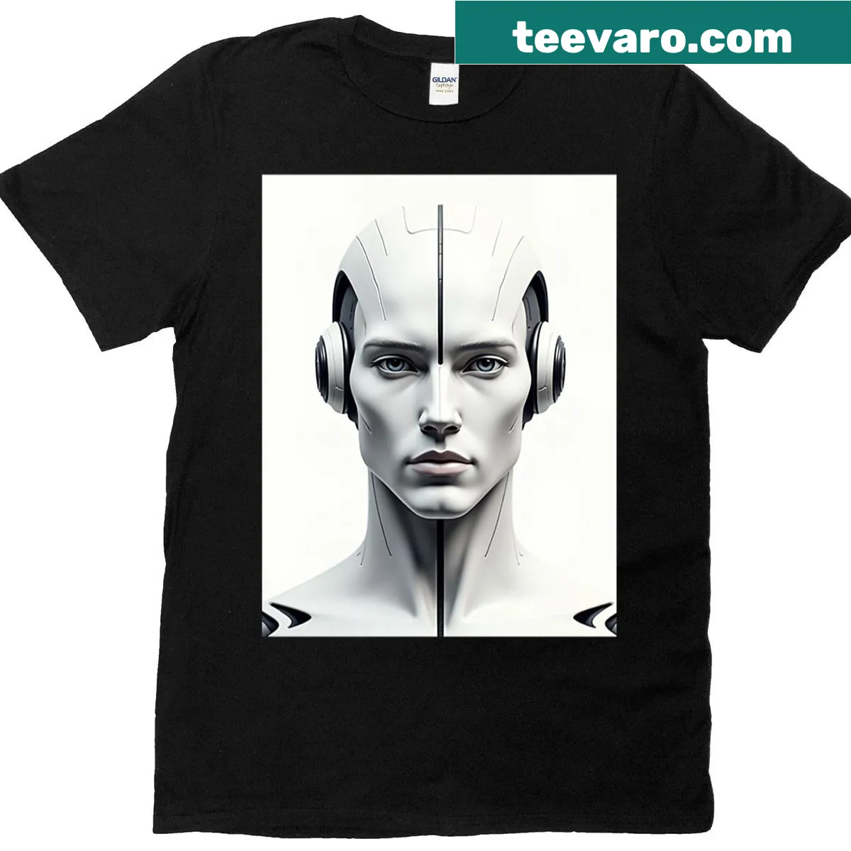 Illustration of a futuristic android wearing headphones on a t-shirt — on a men's t-shirt