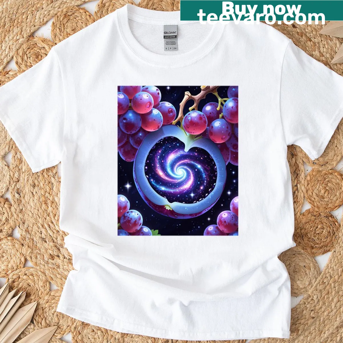 Playful T-shirt with cosmic grape cluster design. — on a men's t-shirt