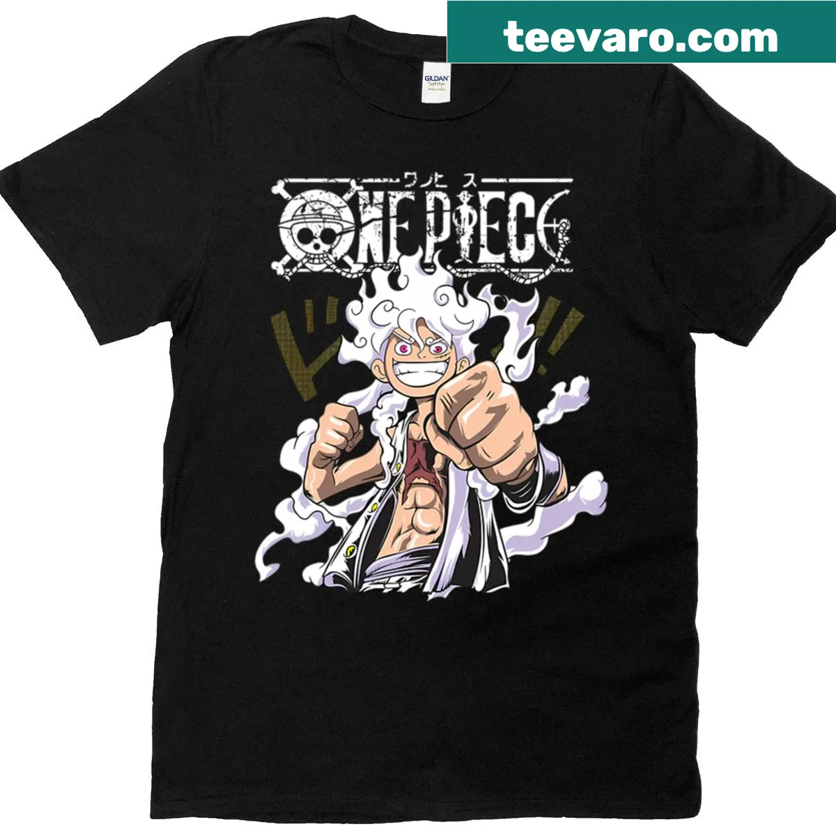 Illustration of Gear 5 Luffy from One Piece on T-shirt — on a men's t-shirt