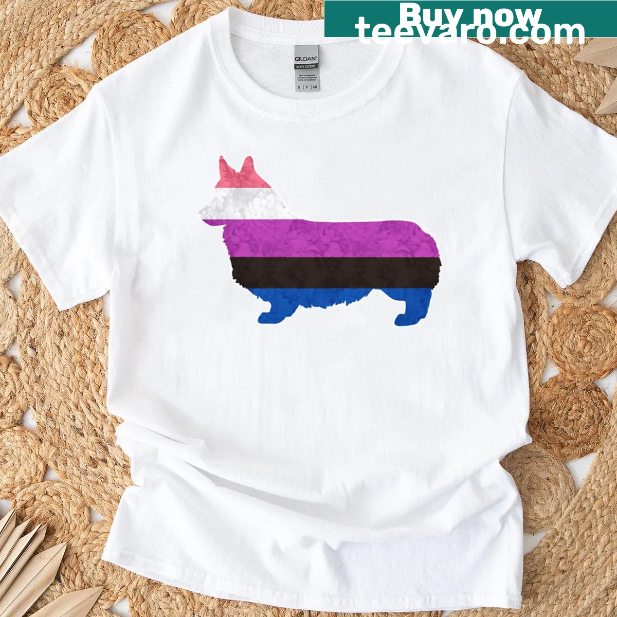 Illustrated Pride Corgi t-shirt celebrating genderfluid identity — on a men's t-shirt