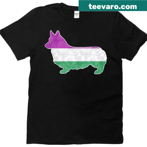 Illustration of a Pembroke Welsh Corgi with genderqueer pride flag on a T-shirt
