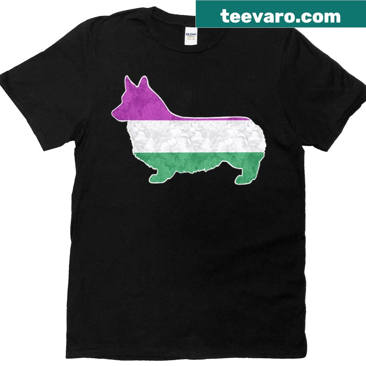 Illustration of a Pembroke Welsh Corgi with genderqueer pride flag on a T-shirt — on a men's t-shirt