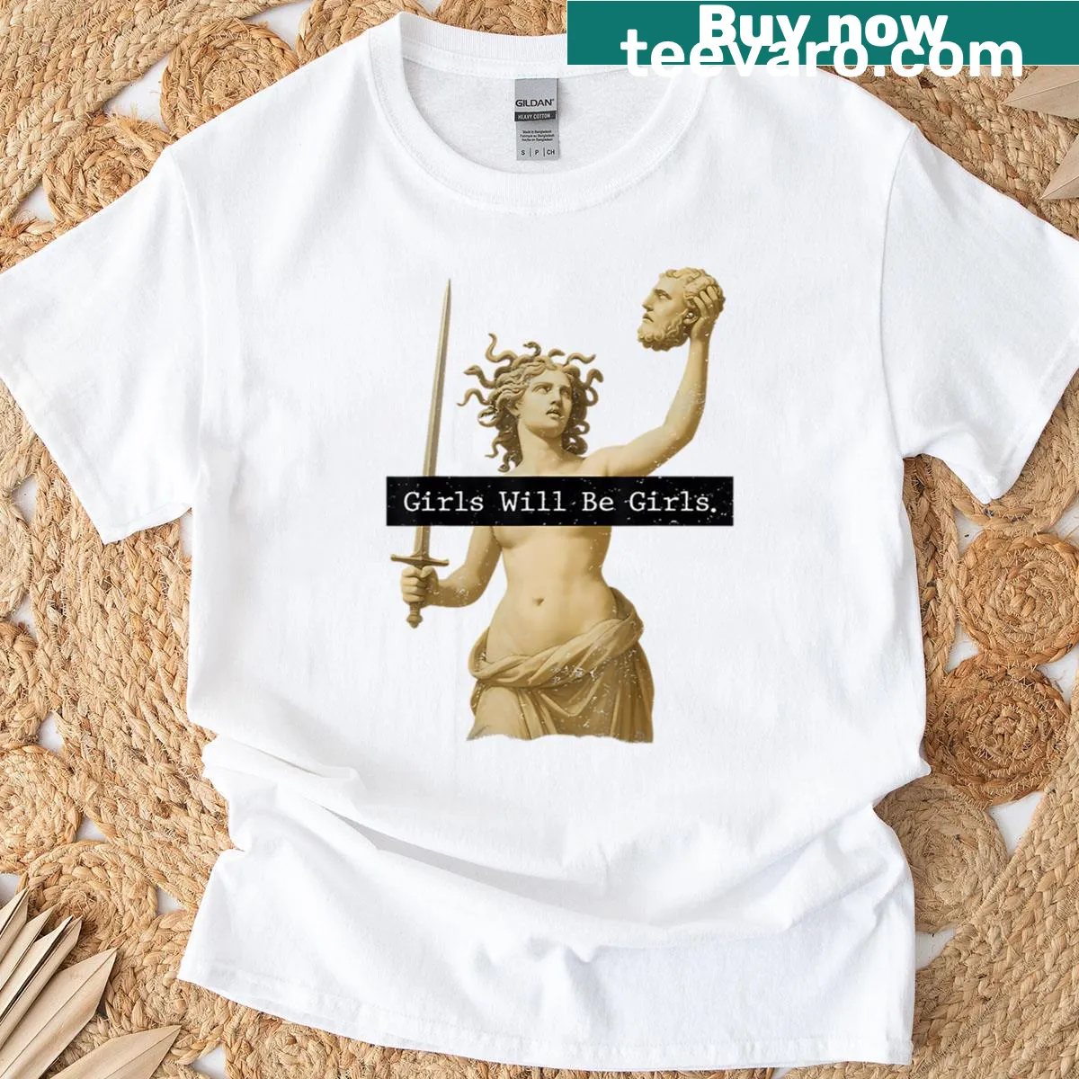 Typography t-shirt featuring Medusa for feminist empowerment — on a men's t-shirt