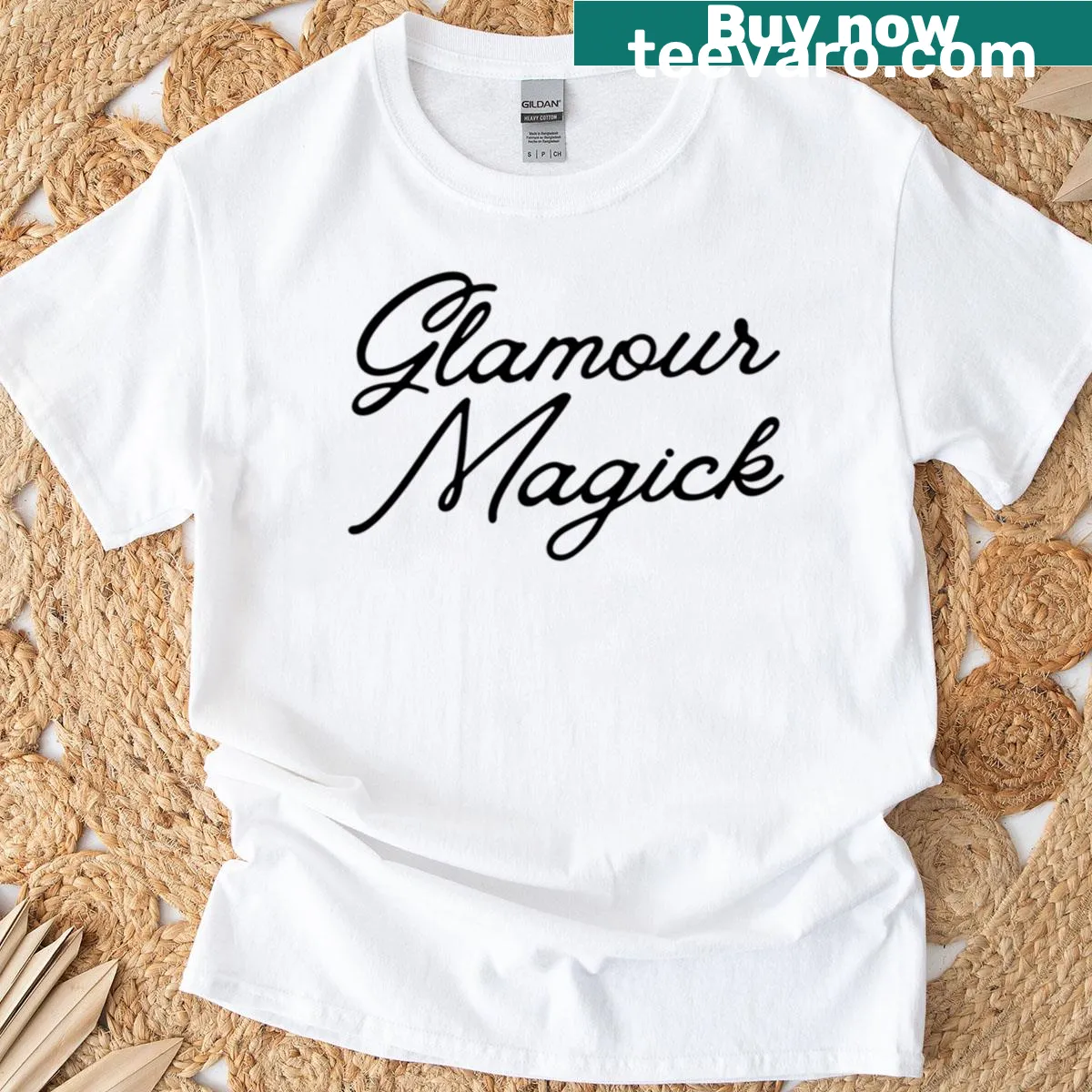 Stylish T-shirt with whimsical typography celebrating glamour and magic. — on a men's t-shirt