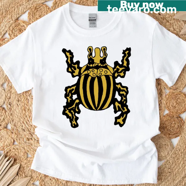 Bold T-shirt featuring a stylized bug design in metallic gold.