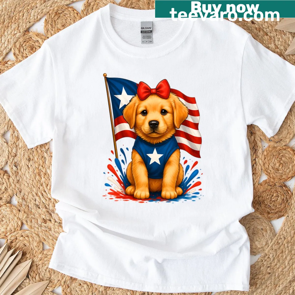 Cute Golden Retriever puppy in a patriotic outfit for Fourth of July. — on a men's t-shirt