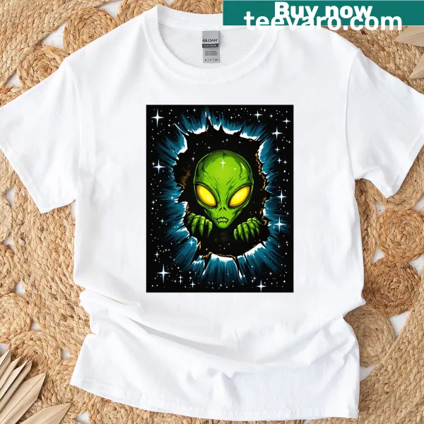 Playful illustration T-shirt of a green alien in a space portal