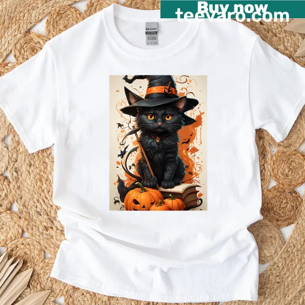 Cute Halloween-themed t-shirt featuring a playful cat design