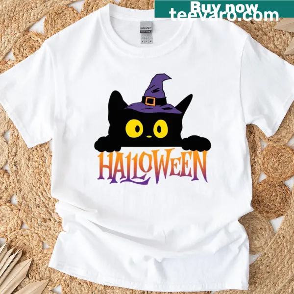 Spooky black cat with pumpkins on Halloween-themed T-shirt