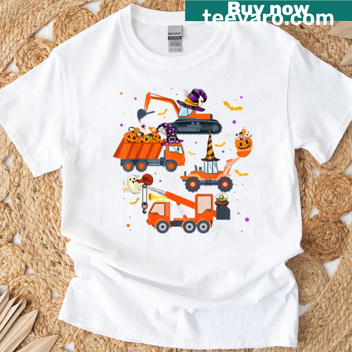 Crane truck with pumpkin graphic for Halloween T-shirt for kids — on a men's t-shirt