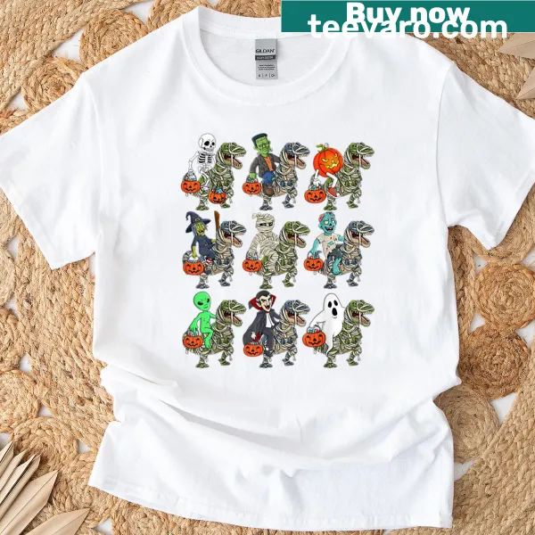 T-shirt featuring a skeleton zombie riding a mummy and T-Rex