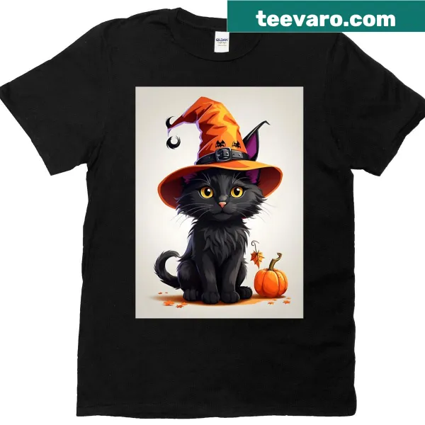 Cute Halloween T-shirt featuring a playful cartoon cat design