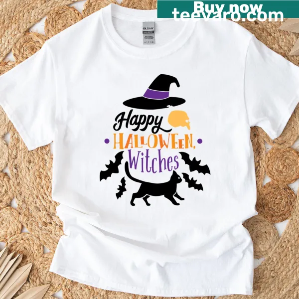 Whimsical Halloween t-shirt with a cat in witch attire