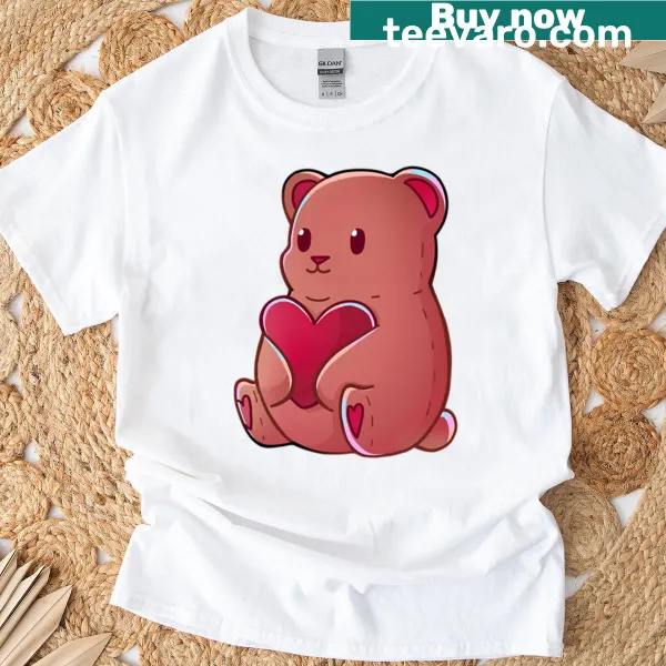 Whimsical illustration of a brown bear with heart design on T-shirt