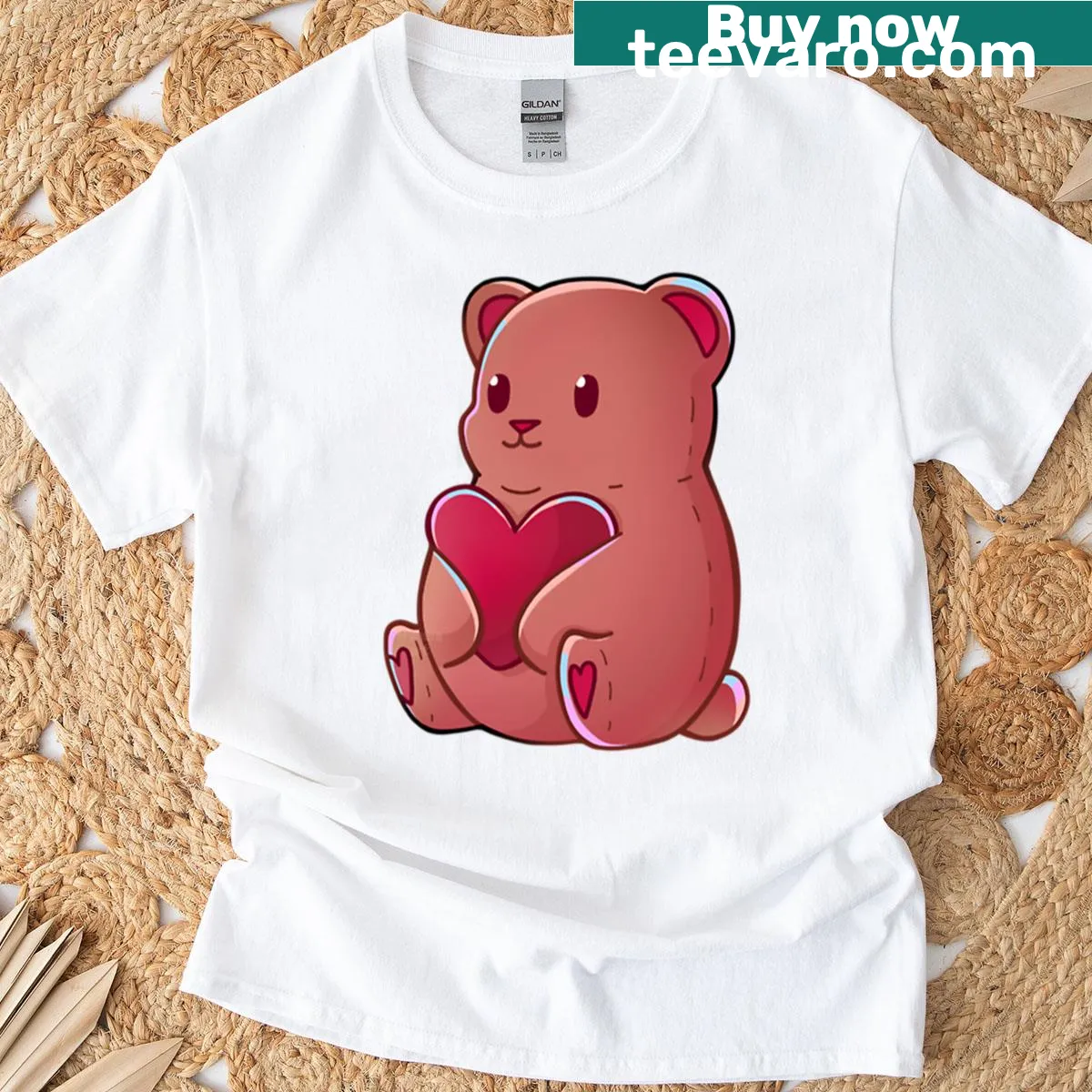 Whimsical illustration of a brown bear with heart design on T-shirt — on a men's t-shirt