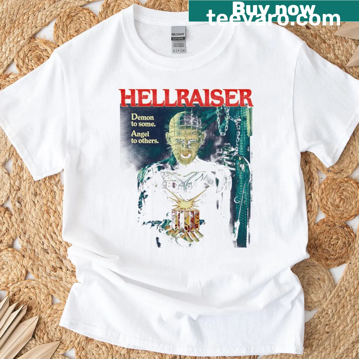 Hellraiser-themed T-shirt with iconic horror imagery. — on a men's t-shirt