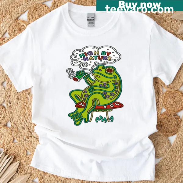 T-shirt featuring the phrase 'High By Nature' in bold text.