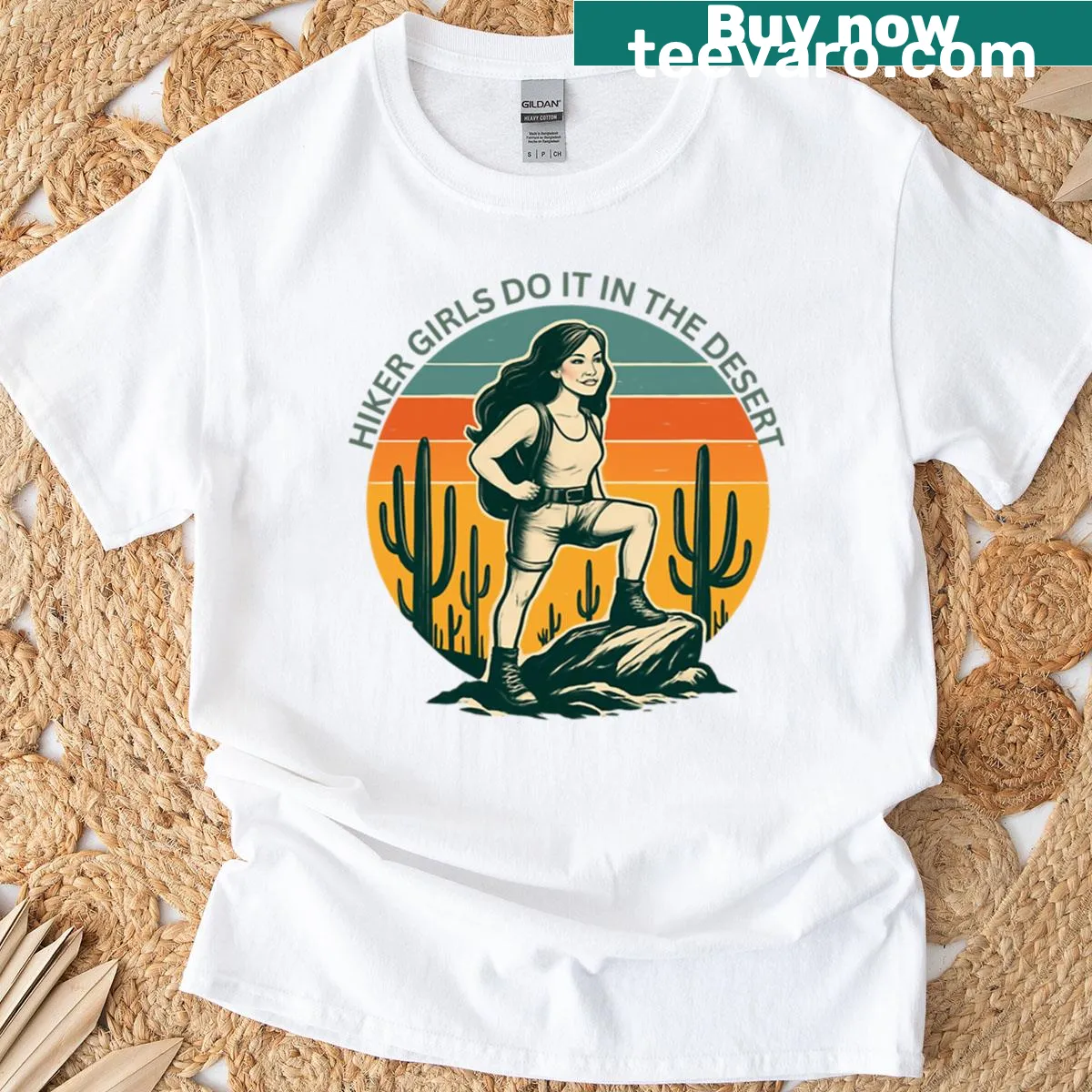 Hiker Girls Do It In The Desert t-shirt with bold typography — on a men's t-shirt