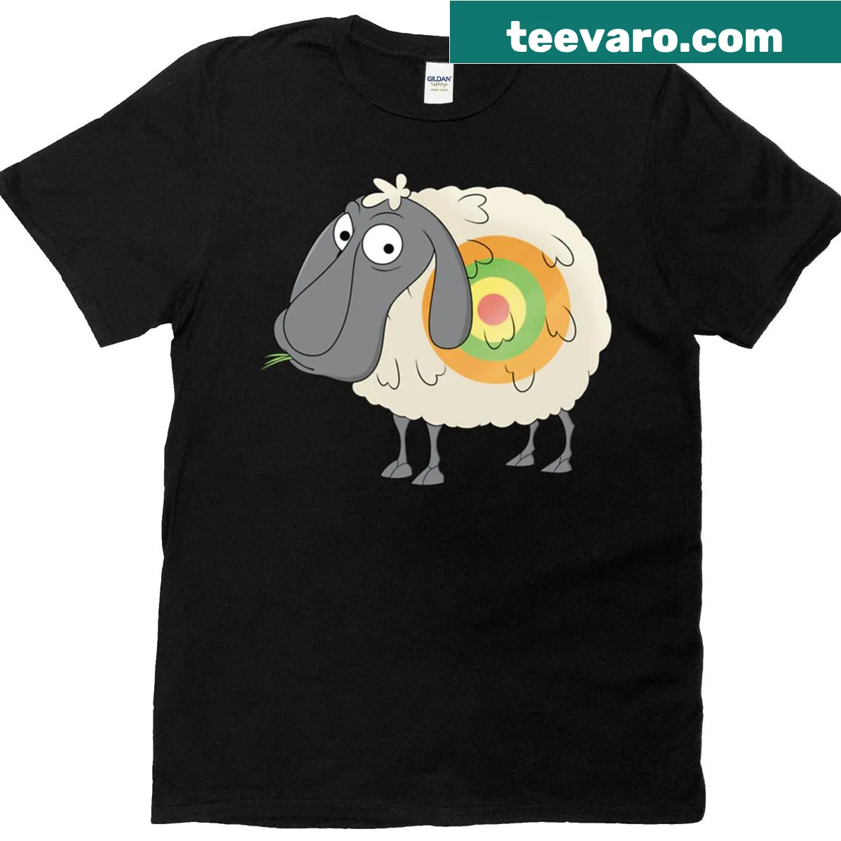 Cartoon Bullseye sheep dragon training t-shirt for fans of fantasy — on a men's t-shirt