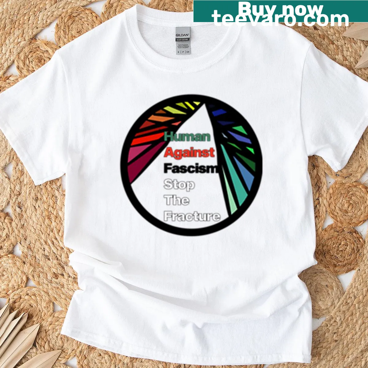 Bold t-shirt with the phrase 'Stop The Fracture' against fascism — on a men's t-shirt