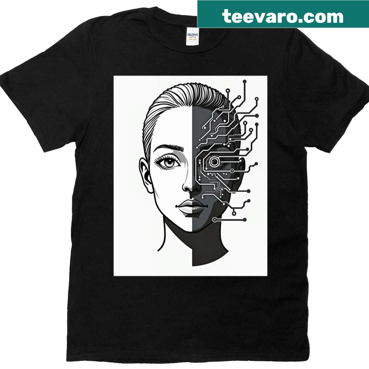 T-shirt featuring human-circuit fusion face art illustration — on a men's t-shirt