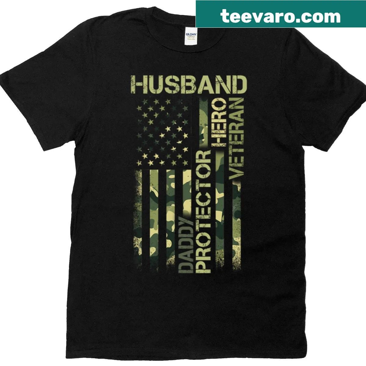 Camo T-shirt with American flag and text honoring dads as heroes. — on a men's t-shirt