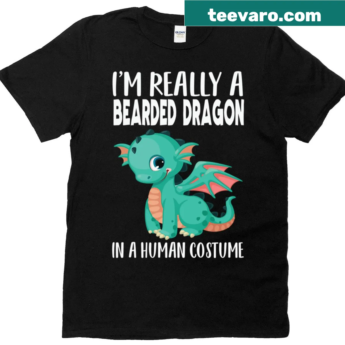 Funny T-shirt with the phrase about being a bearded dragon in a human costume. — on a men's t-shirt