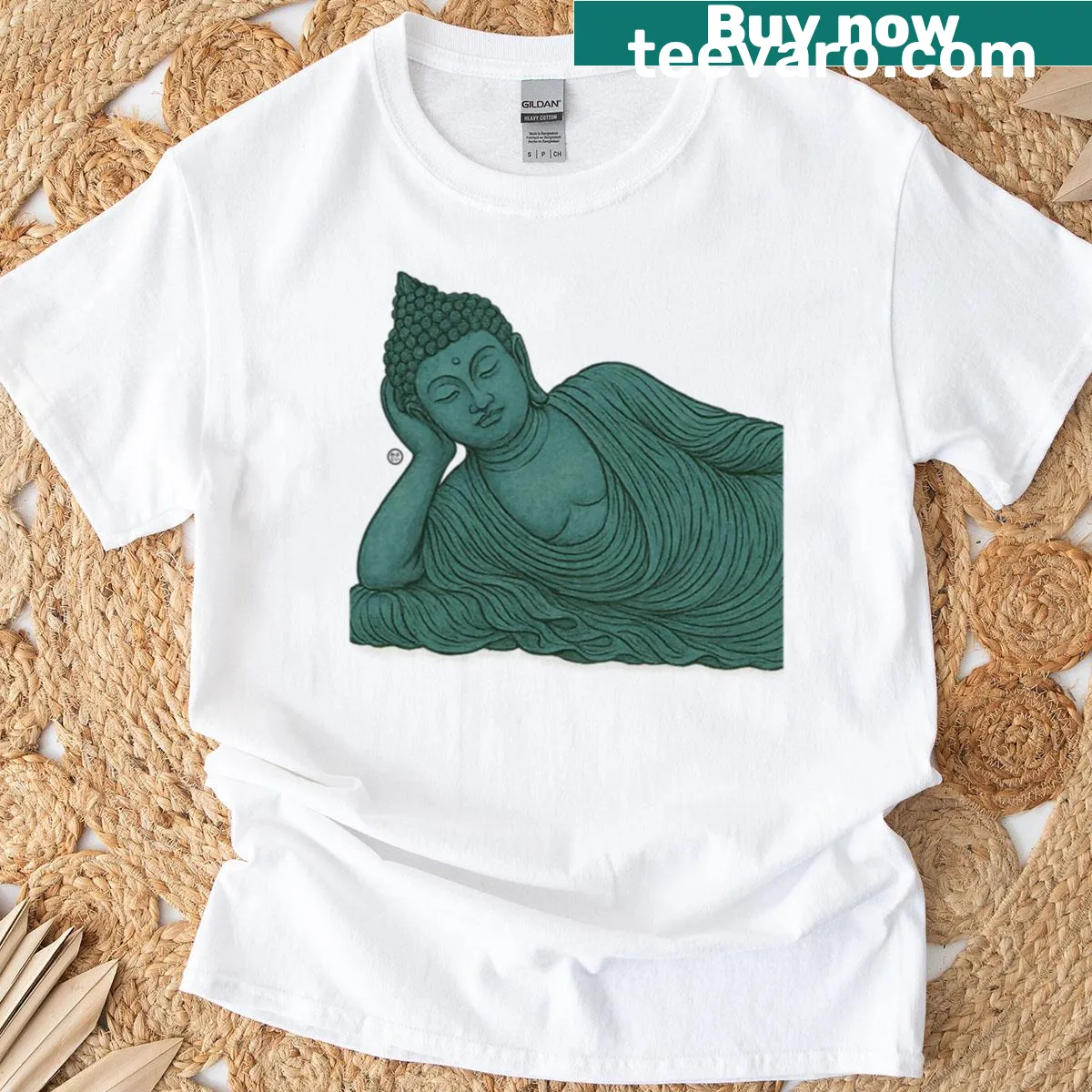 T-shirt displaying an artistic image of a reclining Buddha — on a men's t-shirt