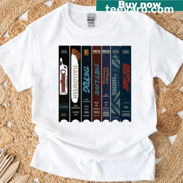 Vintage VHS tape-inspired graphic featuring John Carpenter titles on a T-shirt