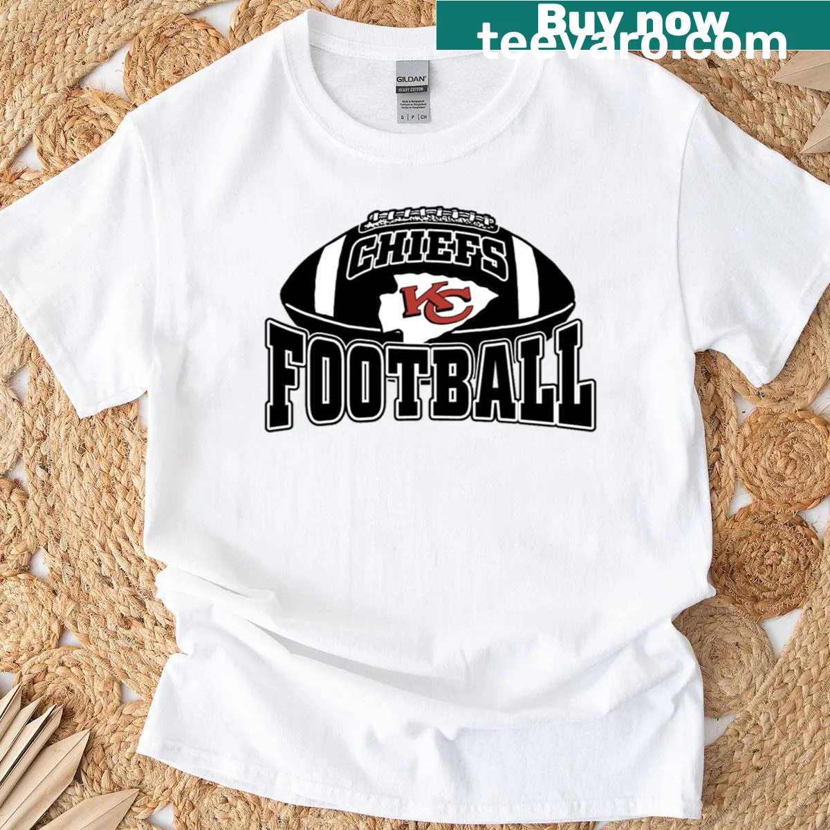 Black and white Kansas City football emblem graphic on a T-shirt — on a men's t-shirt