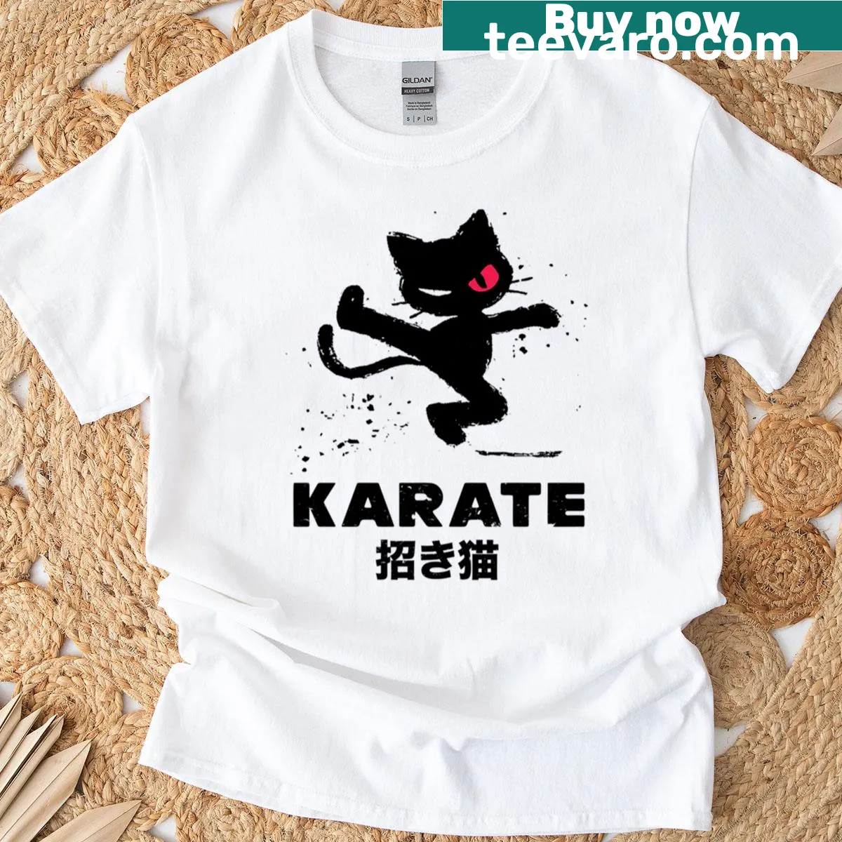 Cute Karate Cat graphic with Maneki Neko design on a T-shirt — on a men's t-shirt